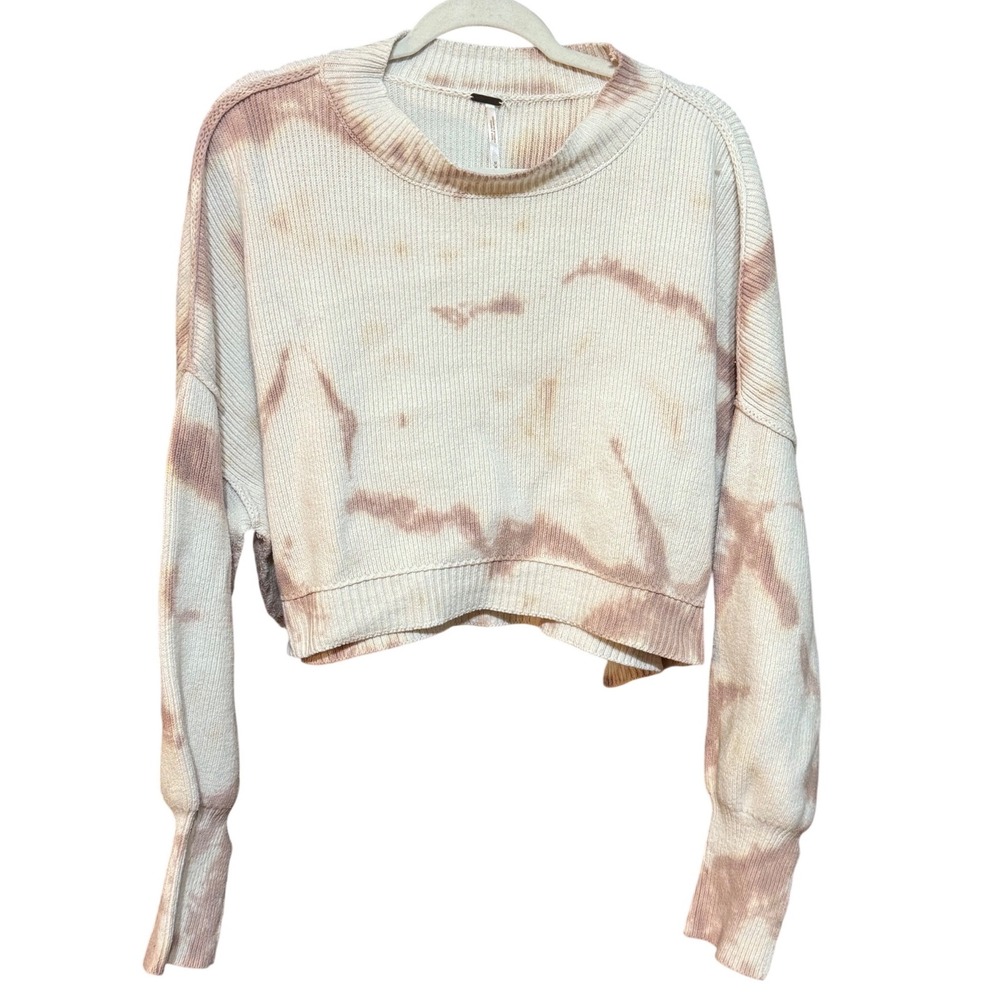 Free People Tie Dye‎ Cropped Ribbed Knit Pullover Sweater Mauve Cream Medium